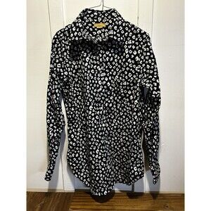 Ann Mashburn Black And White Leopard Animal Print Popover Shirt Button Up Size L